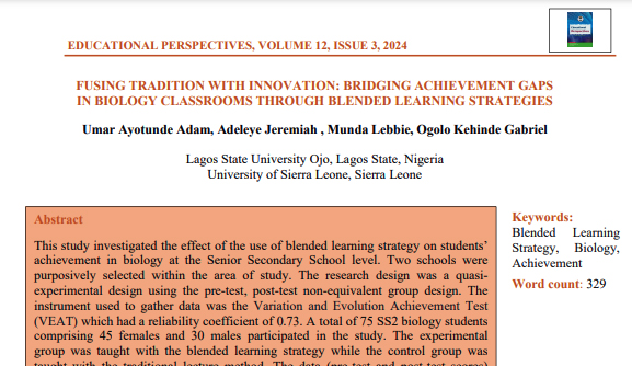 New Research Publication by Munda Lebbie Et al.: Bridging Achievement Gaps in Biology Classrooms Through Blended Learning Strategies